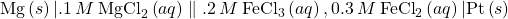 \text{Mg}\left(s\right)\vert\0.1\phantom{\rule{0.2em}{0ex}}M\phantom{\rule{0.2em}{0ex}}{\text{MgCl}}_{2}\left(aq\right)\parallel\0.2\phantom{\rule{0.2em}{0ex}}M\phantom{\rule{0.2em}{0ex}}{\text{FeCl}}_{3}\left(aq\right),0.3\phantom{\rule{0.2em}{0ex}}M\phantom{\rule{0.2em}{0ex}}{\text{FeCl}}_{2}\left(aq\right)\vert\text{Pt}\left(s\right)