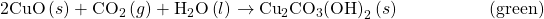 \text{2CuO}\left(s\right)+{\text{CO}}_{2}\left(g\right)+{\text{H}}_{2}\text{O}\left(l\right)\phantom{\rule{0.2em}{0ex}}$\rightarrow$\phantom{\rule{0.2em}{0ex}}{\text{Cu}}_{2}{\text{CO}}_{3}{\text{(OH)}}_{2}\left(s\right)\phantom{\rule{5em}{0ex}}\text{(green)}