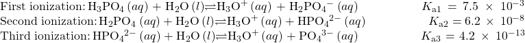 \begin{array}{}\\ \text{First ionization:}\phantom{\rule{0.2em}{0ex}}{\text{H}}_{3}{\text{PO}}_{4}\left(aq\right)+{\text{H}}_{2}\text{O}\left(l\right)$\rightleftharpoons${\text{H}}_{3}{\text{O}}^{\text{+}}\left(aq\right)+{\text{H}}_{2}{\text{PO}}_{4}{^-}^{\text{}}\left(aq\right)\phantom{\rule{5em}{0ex}}{K}_{\text{a}1}=7.5\phantom{\rule{0.2em}{0ex}}\times\phantom{\rule{0.2em}{0ex}}{10}^{-3}\\ \text{Second ionization:}\phantom{\rule{0.2em}{0ex}}{\text{H}}_{2}{\text{PO}}_{4}{}^{\text{−}}\left(aq\right)+{\text{H}}_{2}\text{O}\left(l\right)$\rightleftharpoons${\text{H}}_{3}{\text{O}}^{\text{+}}\left(aq\right)+{\text{HPO}}_{4}{}^{2-}\left(aq\right)\phantom{\rule{5em}{0ex}}{K}_{\text{a}2}=6.2\phantom{\rule{0.2em}{0ex}}\times\phantom{\rule{0.2em}{0ex}}{10}^{-8}\\ \text{Third ionization:}\phantom{\rule{0.2em}{0ex}}{\text{HPO}}_{4}{}^{2-}\left(aq\right)+{\text{H}}_{2}\text{O}\left(l\right)$\rightleftharpoons${\text{H}}_{3}{\text{O}}^{\text{+}}\left(aq\right)+{\text{PO}}_{4}{}^{3-}\left(aq\right)\phantom{\rule{5em}{0ex}}{K}_{\text{a}3}=4.2\phantom{\rule{0.2em}{0ex}}\times\phantom{\rule{0.2em}{0ex}}{10}^{-13}\end{array}