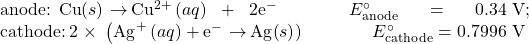 \begin{array}{}\\ \text{anode: Cu}\left(s\right)\phantom{\rule{0.2em}{0ex}}$\rightarrow$\phantom{\rule{0.2em}{0ex}}{\text{Cu}}^{2+}\left(aq\right)+{\text{2e}^-}^{\text{}}\phantom{\rule{4em}{0ex}}{E}_{\text{anode}}^{\circ}=\text{0.34 V}\\ \text{cathode:}\phantom{\rule{0.2em}{0ex}}2\phantom{\rule{0.3em}{0ex}}\times\phantom{\rule{0.3em}{0ex}}\left({\text{Ag}}^{\text{+}}\left(aq\right)+{\text{e}^-}^{\text{}}\phantom{\rule{0.2em}{0ex}}$\rightarrow$\phantom{\rule{0.2em}{0ex}}\text{Ag}\left(s\right)\right))\phantom{\rule{4em}{0ex}}{E}_{\text{cathode}}^{\circ}=\text{0.7996 V}\end{array};