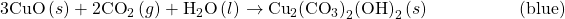 \text{3CuO}\left(s\right)+{\text{2CO}}_{2}\left(g\right)+{\text{H}}_{2}\text{O}\left(l\right)\phantom{\rule{0.2em}{0ex}}$\rightarrow$\phantom{\rule{0.2em}{0ex}}{\text{Cu}}_{2}{{\left(\text{CO}}_{3}\right)}_{2}{\text{(OH)}}_{2}\left(s\right)\phantom{\rule{5em}{0ex}}\text{(blue)}