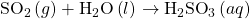 {\text{SO}}_{2}\left(g\right)+{\text{H}}_{2}\text{O}\left(l\right)\phantom{\rule{0.2em}{0ex}}$\rightarrow$\phantom{\rule{0.2em}{0ex}}{\text{H}}_{2}{\text{SO}}_{3}\left(aq\right)