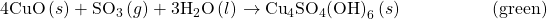 \text{4CuO}\left(s\right)+{\text{SO}}_{3}\left(g\right)+{\text{3H}}_{2}\text{O}\left(l\right)\phantom{\rule{0.2em}{0ex}}$\rightarrow$\phantom{\rule{0.2em}{0ex}}{\text{Cu}}_{4}{\text{SO}}_{4}{\text{(OH)}}_{6}\left(s\right)\phantom{\rule{5em}{0ex}}\text{(green)}