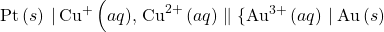 \text{Pt}\left(s\right)\phantom{\rule{0.2em}{0ex}}\vert\phantom{\rule{0.2em}{0ex}}{\text{Cu}}^{\text{+}}\left(aq{\text{), Cu}}^{2+}\left(aq\right)\parallel\{\text{Au}}^{\text{3+}}\left(aq\right)\phantom{\rule{0.2em}{0ex}}\vert\phantom{\rule{0.2em}{0ex}}\text{Au}\left(s\right)