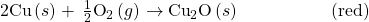 \text{2Cu}\left(s\right)+\phantom{\rule{0.2em}{0ex}}\frac{1}{2}{\text{O}}_{2}\left(g\right)\phantom{\rule{0.2em}{0ex}}$\rightarrow$\phantom{\rule{0.2em}{0ex}}{\text{Cu}}_{2}\text{O}\left(s\right)\phantom{\rule{5em}{0ex}}\left(\text{red}\right)