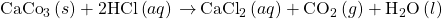 {\text{CaCo}}_{3}\left(s\right)+\text{2HCl}\left(aq\right)\phantom{\rule{0.2em}{0ex}}$\rightarrow$\phantom{\rule{0.2em}{0ex}}{\text{CaCl}}_{2}\left(aq\right)+{\text{CO}}_{2}\left(g\right)+{\text{H}}_{2}\text{O}\left(l\right)