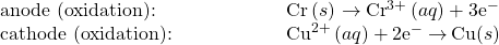 \begin{array}{cc}\text{anode (oxidation):}\hfill & \phantom{\rule{5em}{0ex}}\text{Cr}\left(s\right)\phantom{\rule{0.2em}{0ex}}$\rightarrow$\phantom{\rule{0.2em}{0ex}}{\text{Cr}}^{3+}\left(aq\right)+3{\text{e}^-}^{\text{}}\hfill \\ \text{cathode (oxidation):}\hfill & \phantom{\rule{5em}{0ex}}{\text{Cu}}^{2+}\left(aq\right)+2{\text{e}^-}^{\text{}}\phantom{\rule{0.2em}{0ex}}$\rightarrow$\phantom{\rule{0.2em}{0ex}}\text{Cu}\left(s\right)\hfill \end{array}