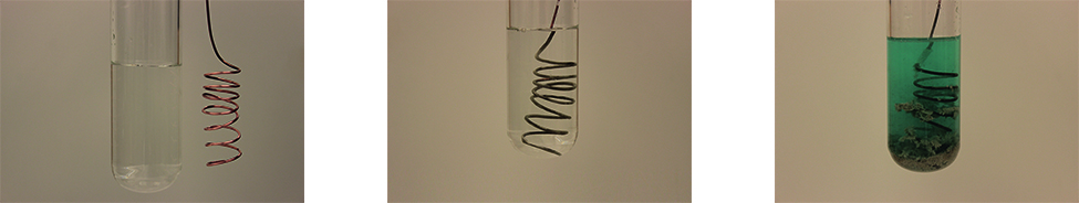 This figure includes three photographs. In the first, a test tube containing a clear, colorless liquid is shown with a loosely coiled copper wire outside the test tube to its right. In the second, the wire has been submerged in the clear colorless liquid in the test tube and the surface of the wire is darkened. In the third, the liquid in the test tube is bright blue-green, the wire in the solution appears dark near the top, and a gray “fuzzy” material is present at the bottom of the test tube on the lower portion of the copper coil, giving a murky appearance to the liquid near the bottom of the test tube.