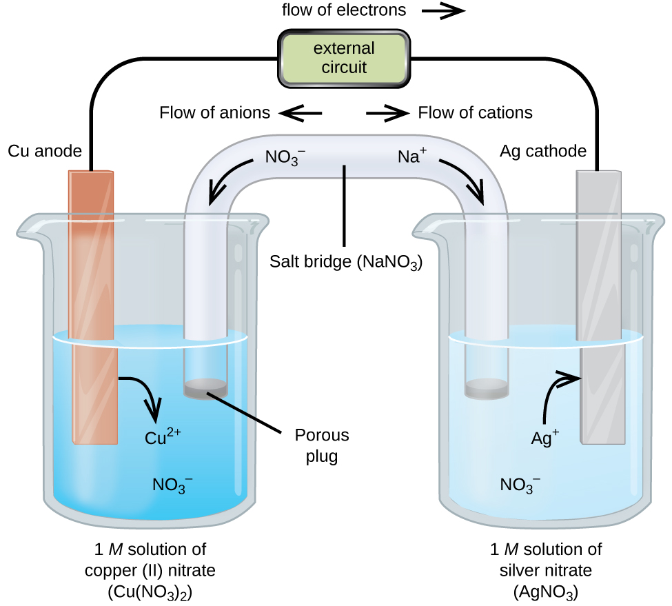 This figure contains a diagram of an electrochemical cell. Two beakers are shown. Each is just over half full. The beaker on the left contains a blue solution and is labeled below as “1 M solution of copper (II) nitrate ( C u ( N O subscript 3 ) subscript 2 ).” The beaker on the right contains a colorless solution and is labeled below as “1 M solution of silver nitrate ( A g N O subscript 3 ).” A glass tube in the shape of an inverted U connects the two beakers at the center of the diagram. The tube contents are colorless. The ends of the tubes are beneath the surface of the solutions in the beakers and a small gray plug is present at each end of the tube. The plug in the left beaker is labeled “Porous plug.” At the center of the diagram, the tube is labeled “Salt bridge ( N a N O subscript 3 ). Each beaker shows a metal strip partially submerged in the liquid. The beaker on the left has an orange-brown strip that is labeled “C u anode negative” at the top. The beaker on the right has a silver strip that is labeled “A g cathode positive” at the top. A wire extends from the top of each of these strips to a rectangle indicating “external circuit” that is labeled “flow of electrons” with an arrow pointing to the right following. A curved arrow extends from the C u strip into the surrounding solution. The tip of this arrow is labeled “C u superscript 2 plus.” A curved arrow extends from the salt bridge into the beaker on the left into the blue solution. The tip of this arrow is labeled “N O subscript 3 superscript negative.” A curved arrow extends from the solution in the beaker on the right to the A g strip. The base of this arrow is labeled “A g superscript plus.” A curved arrow extends from the colorless solution to salt bridge in the beaker on the right. The base of this arrow is labeled “N O subscript 3 superscript negative.” Just right of the salt bridge in the colorless solution is the label “N a superscript plus.” Just above this region of the tube appears the label “Flow of cations.” Just left of the salt bridge in the blue solution is the label “N O subscript 3 superscript negative.” Just above this region of the tube appears the label “Flow of anions.”