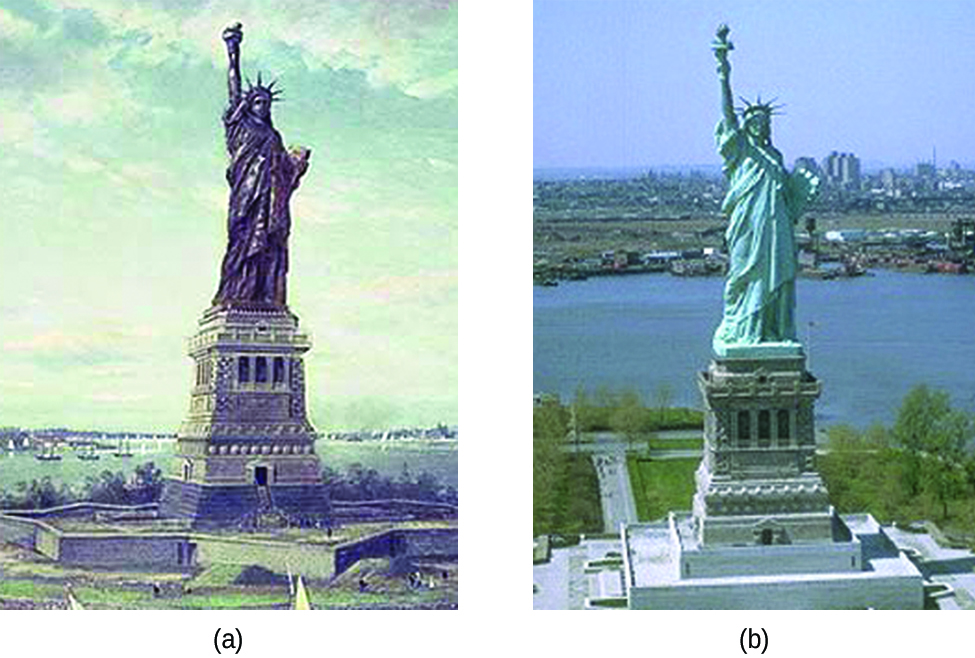 This figure contains two photos of the Statue of Liberty. Photo a appears to be an antique photo which shows the original brown color of the copper covered statue. Photo b shows the blue-green appearance of the statue today. In both photos, the statue is shown atop a building, with a body of water in the background.