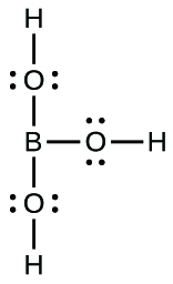 This Lewis structure is composed of a boron atom that is single bonded to three oxygen atoms, each of which has two lone pairs of electrons. Each oxygen atom is single bonded to a hydrogen atom.