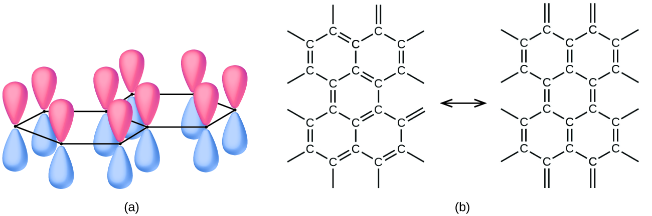 Two images are shown and labeled, “a” and “b.” Image a shows two connected hexagonal rings, with figure-eight-shaped orbitals located at each point of the ring and in a perpendicular position. Image b shows a pair of diagrams, each of which has a series of connected hexagonal rings made up of carbon atoms that are connected by alternating single and double bonds. These two diagrams are connected by a double-headed arrow.