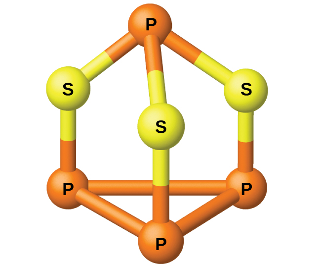 A ball-and-stick model is shown. Three orange atoms labeled “P” are single bonded together in a triangle shape. Each “P” is single bonded to yellow atoms labeled “S,” which are each single bonded to one other orange atom labeled “P.”