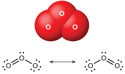 A space filling model shows three atoms labeled, “O,” bonded to one another in a triangular shape. Two Lewis structures connected by a double ended arrow are shown as well. In the left image, an oxygen atom with one lone pair of electrons is double bonded to another oxygen with two lone pairs of electrons to the left and single bonded to an oxygen with three lone pairs of electrons to the right. The right image is a mirror image of the left.