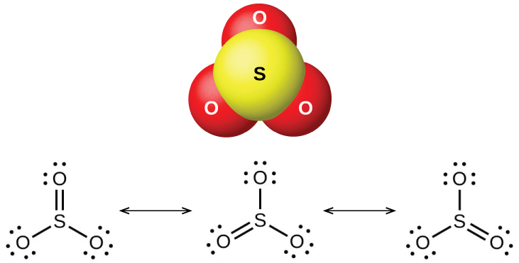A ball-and-stick model shows a yellow atom labeled, “S,” bonded to three red atoms labeled, “O.” Three Lewis structures are shown connected by double-headed arrows. The left Lewis structure shows a sulfur atom single bonded on the lower left and right to oxygen atoms with three lone pairs of electrons each. The sulfur atom is also double bonded above to an oxygen atom with two lone pairs of electrons. The middle and right Lewis structures are the same as the left, but show the double bonded oxygen in the lower left and lower right positions, respectively.