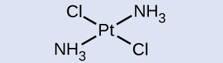 A structure is shown with a central P t atom. From this atom, single bonds represented by short line segments extend from the P t atom up and to the right and below and to the left to the N atom of N H subscript 3 groups. Similarly, two additional single bonds extend up and to the left and down and to the right to C l atoms.
