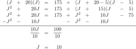 \[\begin{array}{rrrrrrrrcrr} (J&+&20)(J)&=&175&+&(J&+&20-5)(J&-&5) \\ J^2&+&20J&=&175&+&(J&+&15)(J&-&5) \\ J^2&+&20J&=&175&+&J^2&+&10J&-&75 \\ -J^2&-&10J&&&-&J^2&-&10J&& \\ \midrule &&\dfrac{10J}{10}&=&\dfrac{100}{10} &&&&&& \\ \\ &&J&=&10 &&&&&& \end{array}\]