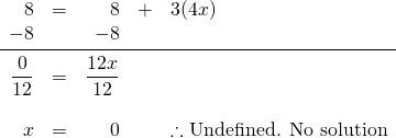 \begin{array}{rrrrl} 8&=&8&+&3(4x) \\ -8&&-8&& \\ \midrule \dfrac{0}{12}&=&\dfrac{12x}{12}&& \\ \\ x&=&0&&\therefore \text{Undefined. No solution} \end{array}