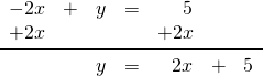 \begin{array}{rrrrrrr} -2x&+&y&=&5&& \\ +2x&&&&+2x&& \\ \midrule &&y&=&2x&+&5 \end{array}
