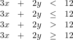 \[\begin{array}{rrrrr} 3x&+&2y&<&12 \\ 3x&+&2y&\le &12 \\ 3x&+&2y&>&12 \\ 3x&+&2y&\ge &12 \end{array}\]
