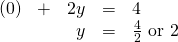 \[\begin{array}{llrll} (0)&+&2y&=&4 \\ &&y&=&\frac{4}{2} \text{ or } 2 \end{array}\]