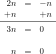 \begin{array}{rrl} \\ \\ \\ \\ 2n&=&-n \\ +n&&+n \\ \midrule 3n&=&0 \\ \\ n&=&0 \end{array}