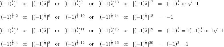 \begin{array}{lllllllllll} \phantom{0}[(-1)^{\frac{1}{2}}]^1&\text{or}&[(-1)^{\frac{1}{2}}]^5&\text{or}&[(-1)^{\frac{1}{2}}]^9&\text{or}&[(-1)^{\frac{1}{2}}]^{13}&\text{or}&[(-1)^{\frac{1}{2}}]^{17}&=&(-1)^{\frac{1}{2}}\text{ or }\sqrt{-1} \\ \\ \phantom{0}[(-1)^{\frac{1}{2}}]^2&\text{or}&[(-1)^{\frac{1}{2}}]^6&\text{or}&[(-1)^{\frac{1}{2}}]^{10}&\text{or}&[(-1)^{\frac{1}{2}}]^{14}&\text{or}&[(-1)^{\frac{1}{2}}]^{18}&=&-1 \\ \\ \phantom{0}[(-1)^{\frac{1}{2}}]^3&\text{or}&[(-1)^{\frac{1}{2}}]^7&\text{or}&[(-1)^{\frac{1}{2}}]^{11}&\text{or}&[(-1)^{\frac{1}{2}}]^{15}&\text{or}&[(-1)^{\frac{1}{2}}]^{19}&=&(-1)^{\frac{3}{2}}=1(-1)^{\frac{1}{2}}\text{ or }1\sqrt{-1} \\ \\ \phantom{0}[(-1)^{\frac{1}{2}}]^4&\text{or}&[(-1)^{\frac{1}{2}}]^8&\text{or}&[(-1)^{\frac{1}{2}}]^{12}&\text{or}&[(-1)^{\frac{1}{2}}]^{16}&\text{or}&[(-1)^{\frac{1}{2}}]^{20}&=&(-1)^2=1 \end{array}