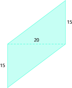 A geometric shape is shown. It is formed by two triangles. The shared base of the two triangles is labeled 20. The height of each triangle is labeled 15.