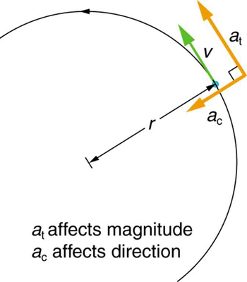 In the figure, a semicircle is drawn, with its radius r, shown here as a line segment. The anti-clockwise motion of the circle is shown with an arrow on the path of the circle. Tangential velocity vector, v, of the point, which is on the meeting point of radius with the circle, is shown as a green arrow and the linear acceleration, a sub t is shown as a yellow arrow in the same direction along v. The centripetal acceleration, a sub c, is also shown as a yellow arrow drawn perpendicular to a sub t, toward the direction of the center of the circle. A label in the figures states a sub t affects magnitude and a sub c affects direction.