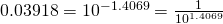 0.03918 = 10^{-1.4069} = \frac{1}{10^{1.4069}}