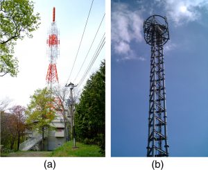The first photograph shows a large tower used to broadcast TV signals. The tower is alternately painted red and white along the length. The antennas are shown as small structures on top of the tower. The second photograph shows a photo of a mobile phone tower. The tower has two ring shaped structures at its top most point.