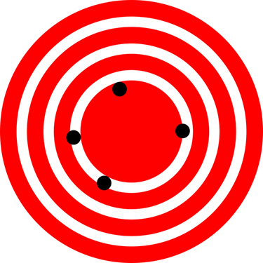 A pattern similar to a dart board with few concentric circles shown in white color on a red background. In the innermost circle, there are four black points on the circumference showing the positions of a restaurant. They are far apart from each other.