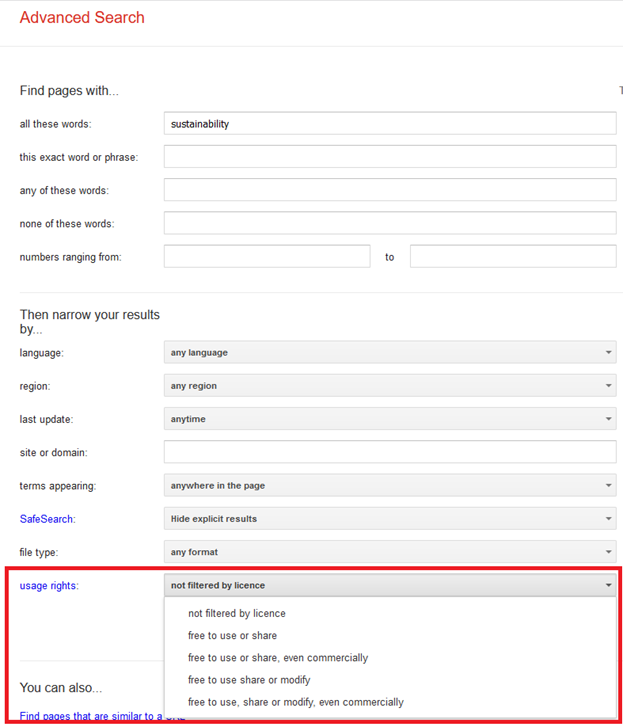 Screenshot of Google Advanced search with a red box around the option to filter by usage rights.