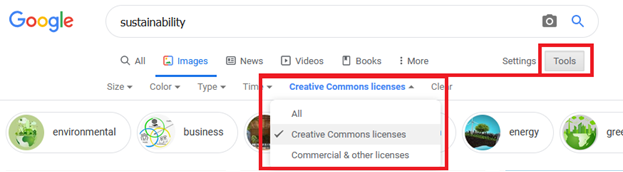 Screenshot of Google Image search with red boxes outlining where to find License filter.