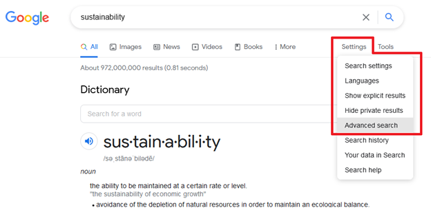 Screenshot of Google search with red box outlining where to find the Advanced Search