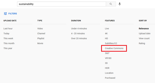 Screenshot of Youtube search filters with a red outline around where to filter by Creative Commons