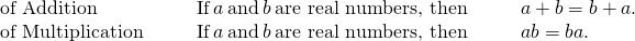 \begin{array}{ccccccc}\text{of Addition}\hfill & & & \text{If}\phantom{\rule{0.2em}{0ex}}a\phantom{\rule{0.2em}{0ex}}\text{and}\phantom{\rule{0.2em}{0ex}}b\phantom{\rule{0.2em}{0ex}}\text{are real numbers, then}\hfill & & & a+b=b+a.\hfill \\ \text{of Multiplication}\hfill & & & \text{If}\phantom{\rule{0.2em}{0ex}}a\phantom{\rule{0.2em}{0ex}}\text{and}\phantom{\rule{0.2em}{0ex}}b\phantom{\rule{0.2em}{0ex}}\text{are real numbers, then}\hfill & & & a·b=b·a.\hfill \end{array}