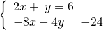 \left\{\begin{array}{c}2x+\text{}\phantom{\rule{0.2em}{0ex}}y=6\hfill \\ -8x-4y=-24\hfill \end{array}