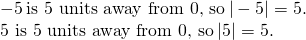 \begin{array}{c}-5\phantom{\rule{0.2em}{0ex}}\text{is 5 units away from 0, so}\phantom{\rule{0.2em}{0ex}}|-5|=5.\hfill \\ \text{5 is 5 units away from 0, so}\phantom{\rule{0.2em}{0ex}}|5|=5.\hfill \end{array}