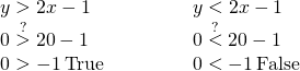 \begin{array}{cccccc}y>2x-1\hfill & & & & & y<2x-1\hfill \\ 0\stackrel{?}{>}2·0-1\hfill & & & & & 0\stackrel{?}{<}2·0-1\hfill \\ 0>-1\phantom{\rule{0.2em}{0ex}}\text{True}\hfill & & & & & 0<-1\phantom{\rule{0.2em}{0ex}}\text{False}\hfill \end{array}