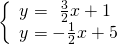 \left\{\begin{array}{c}y=\phantom{\rule{0.2em}{0ex}}\text{}\phantom{\rule{0.2em}{0ex}}\frac{3}{2}x+1\hfill \\ y=-\frac{1}{2}x+5\hfill \end{array}