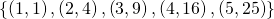 \phantom{\rule{21em}{0ex}}\left\{\left(1,1\right),\left(2,4\right),\left(3,9\right),\left(4,16\right),\left(5,25\right)\right\}