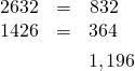 \begin{array}{ccc}\hfill 26·32& =\hfill & \phantom{\rule{0.1em}{0ex}}832\hfill \\ \hfill 14·26& =\hfill & \underset{\text{——}}{364}\hfill \\ \hfill & \hfill & 1,196✓\hfill \end{array}