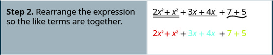 Step 2 is to rearrange the expression so the like terms are together. Hence, we have 2 x squared plus x squared plus 3 x plus 4 x plus 7 plus 5.