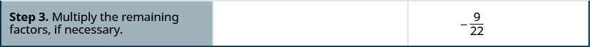 Step 3 is to multiply the remaining factors, if necessary. We get minus 9 by 22.