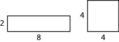 A figure of a rectangle with a width that is 2 units and a length that is 8 units and a square with sides that are 4 units.