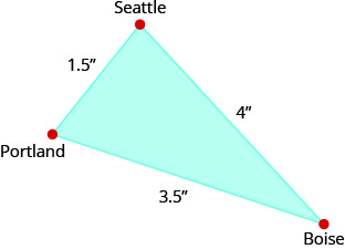 The figure is a triangle formed by Portland, Seattle, and Boise. The distance between Portland and Seattle is 1.5 inches. The distance between Seattle and Boise is 4 inches. The distance between Boise and Portland is 3.5 inches.
