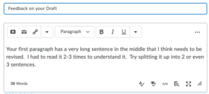 Example of a reply to an online discussion post, giving feedback about the length of a sentence that should be revised.