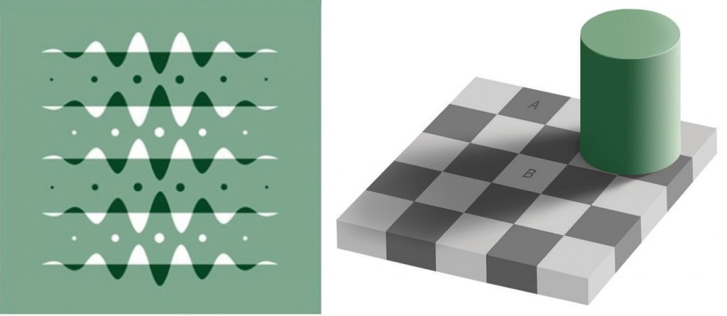 These digital images show optical illusions, containing green and white stripes on the left and a checkered board with a green cylinder casting a shadow on the right.