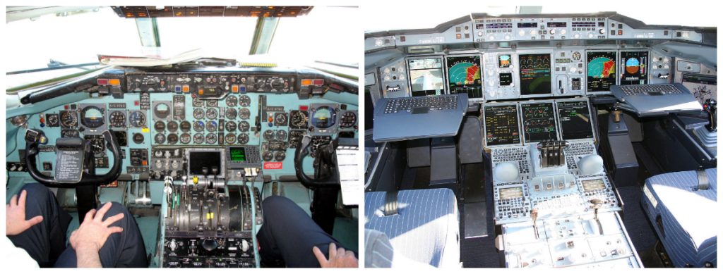 On the left, this picture shows an older airplane cockpit with various manual controls and dials; on the right, this picture shows a newer airplane cockpit with various digital controls and screens.